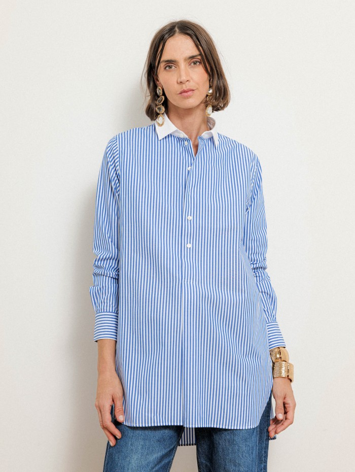 Chemise rayée bleue en coton à coupe large - Blair - Ines de la Fressange