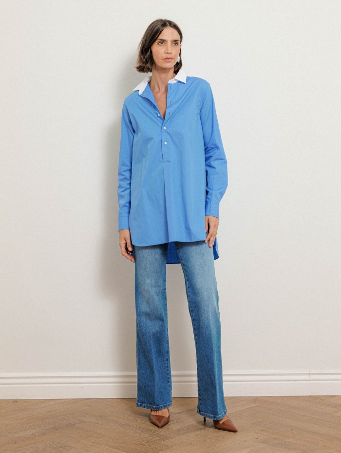 Chemise longue bleue en coton à coupe large - Blair - Ines de la Fressange
