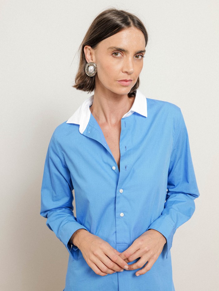 Chemise longue bleue en coton à coupe large - Blair - Ines de la Fressange