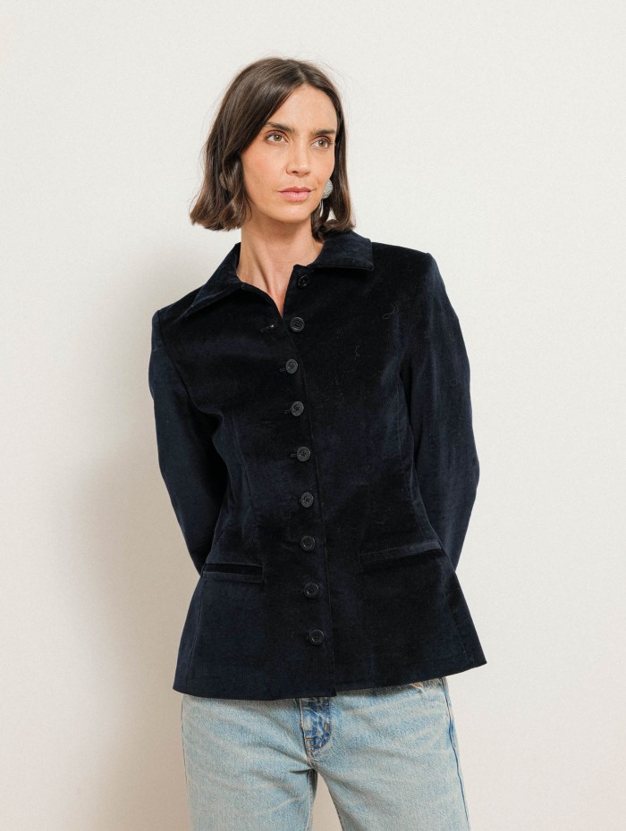 Veste en velours bleu marine à coupe cintrée - Georges - Ines de la Fressange