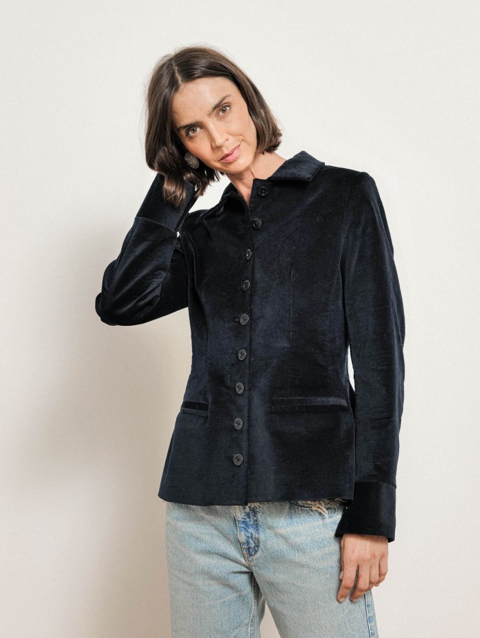 Veste en velours bleu marine à coupe cintrée - Georges - Ines de la Fressange