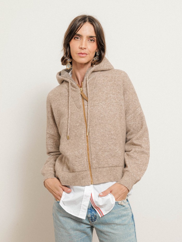 Gilet à capuche en cachemire avec détails en cuir camel - Giani - Max & Moi